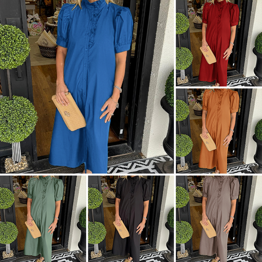 Women's Casual Solid Color Standing Collar Button Down Dress